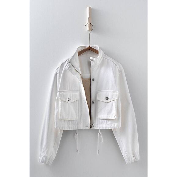 Urban Daizy White Utility Cropped Drawstring Hem Stand Collar Denim Jacket - Picture 1 of 8
